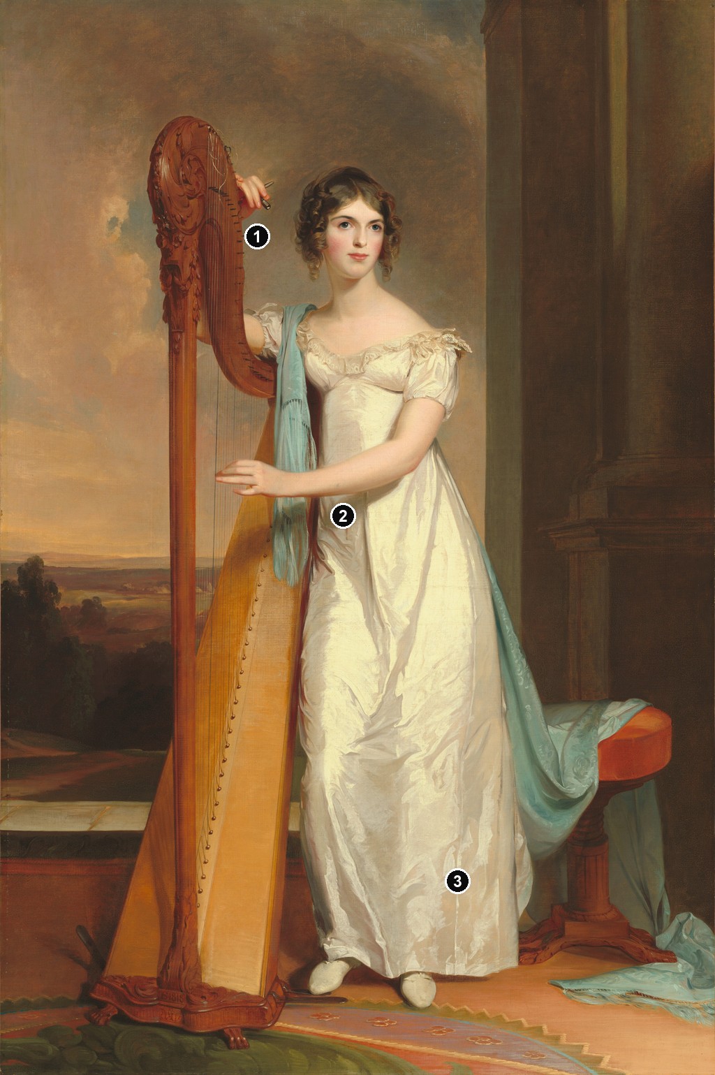 Annotated details from Lady with a Harp: Eliza Ridgely by Thomas Sully
